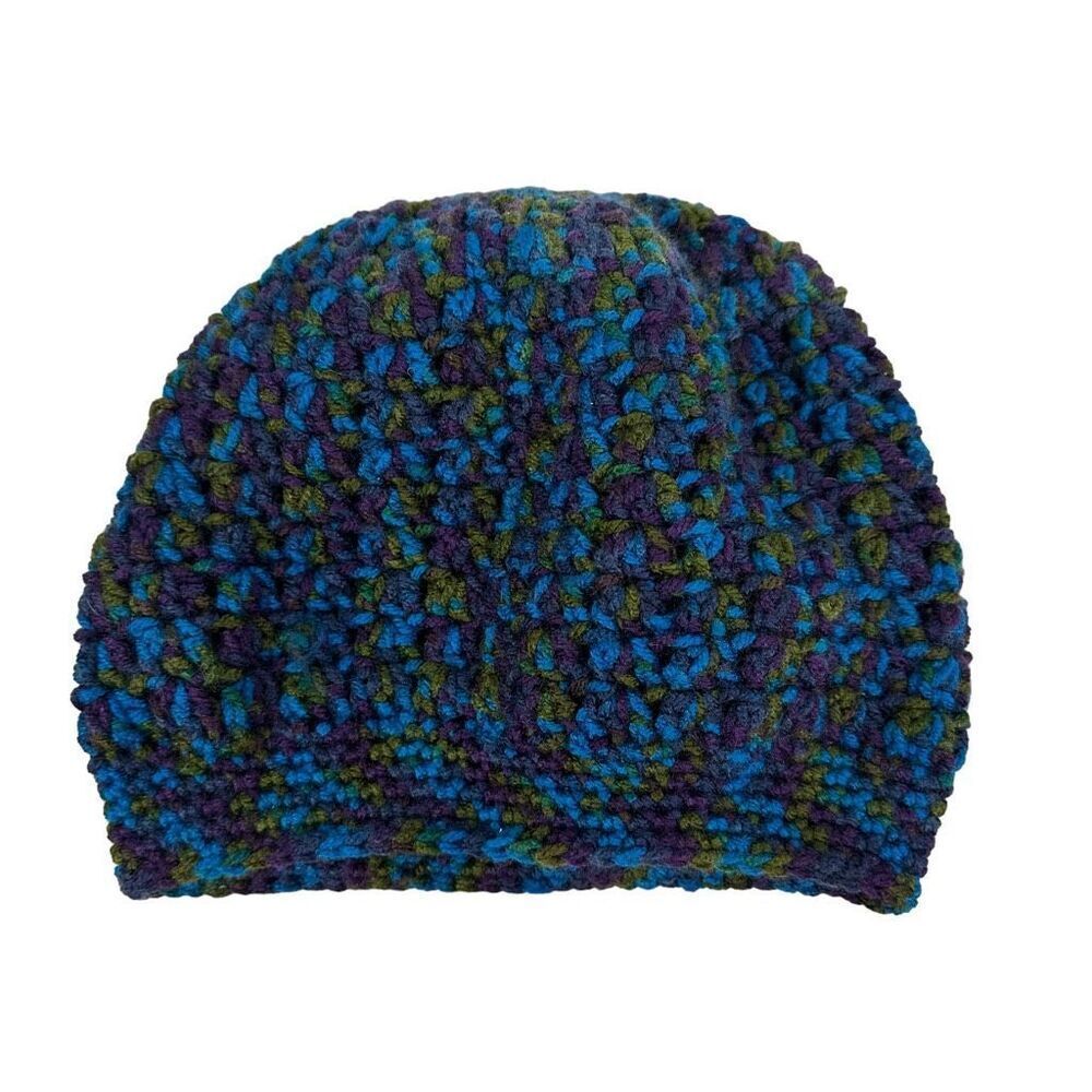 Homemade Knit Beanie Hat Purple Blue Green